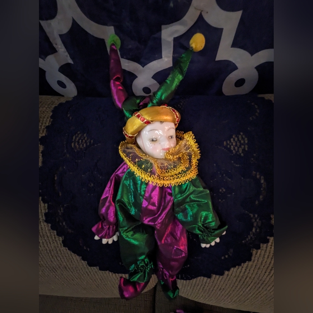 Colorful Jester Doll with Gold Accents